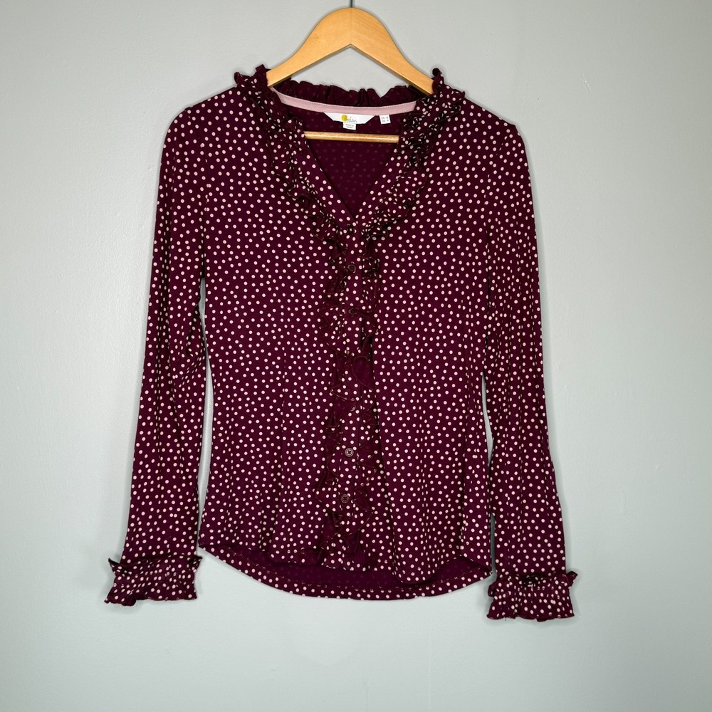 Boden Burgundy Polka Dot Ruffle V-Neck Top US 4 Long Sleeve Cotton Modal Knit